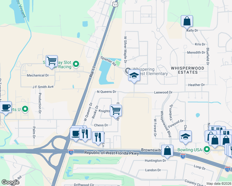 map of restaurants, bars, coffee shops, grocery stores, and more near 216 East Queens Drive in Slidell
