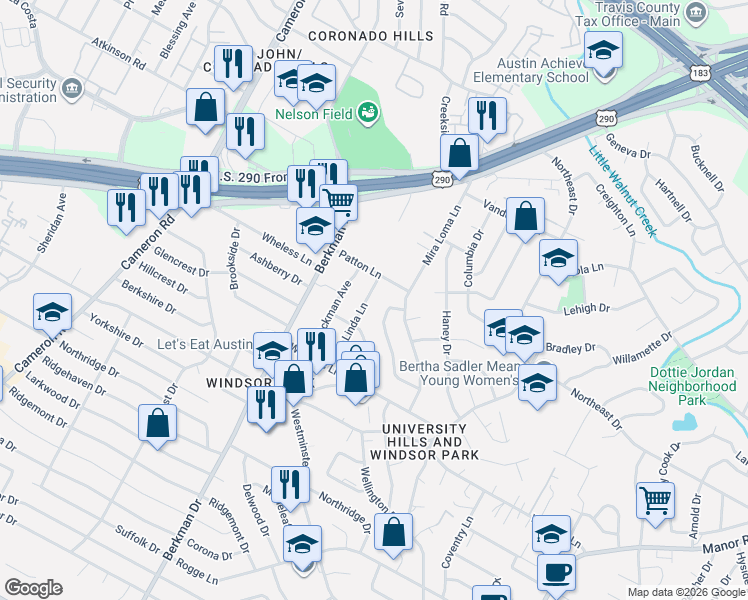 map of restaurants, bars, coffee shops, grocery stores, and more near 6404 Kenilworth Drive in Austin