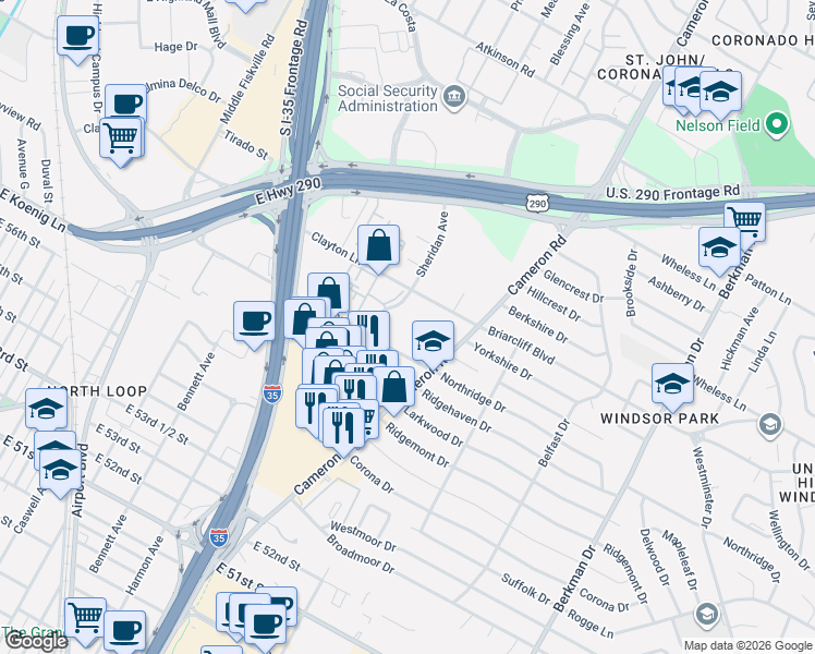 map of restaurants, bars, coffee shops, grocery stores, and more near 1106 Reinli Street in Austin
