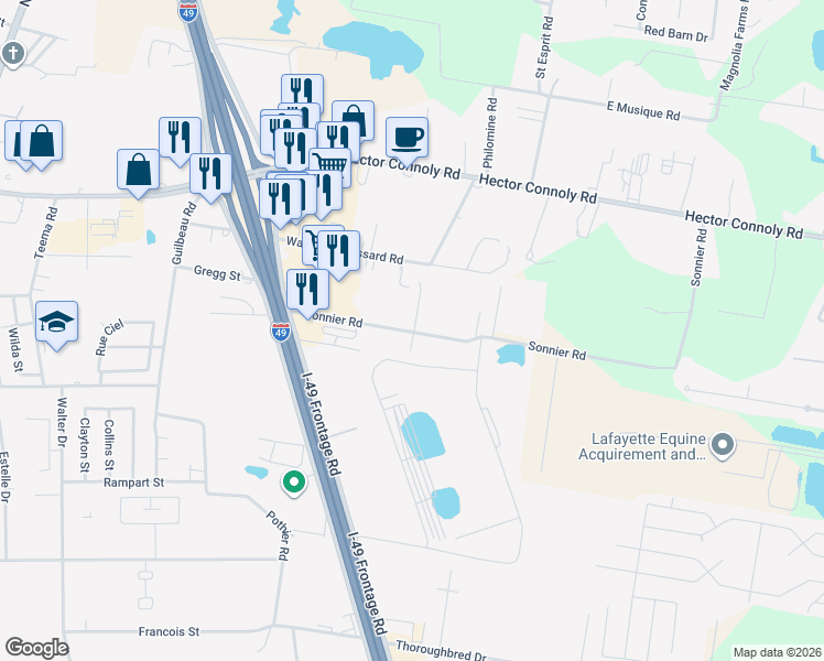 map of restaurants, bars, coffee shops, grocery stores, and more near 421 Sonnier Road in Carencro