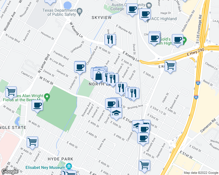 map of restaurants, bars, coffee shops, grocery stores, and more near Avenue G & East 53rd Street in Austin