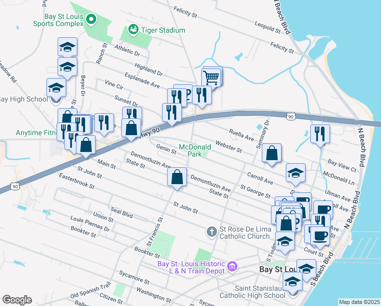 map of restaurants, bars, coffee shops, grocery stores, and more near 499 Carroll Avenue in Bay Saint Louis