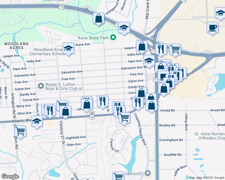 map of restaurants, bars, coffee shops, grocery stores, and more near 8734 Dandy Avenue in Jacksonville
