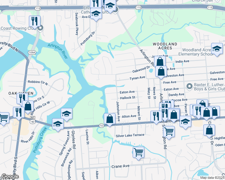 map of restaurants, bars, coffee shops, grocery stores, and more near 256 Johnston Avenue in Jacksonville