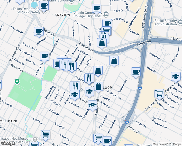 map of restaurants, bars, coffee shops, grocery stores, and more near 5405 Evans Avenue in Austin