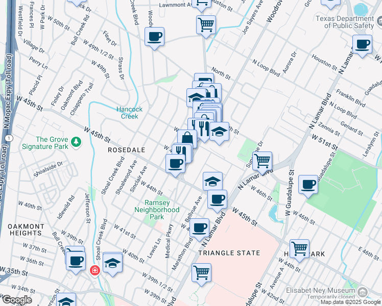 map of restaurants, bars, coffee shops, grocery stores, and more near in Austin