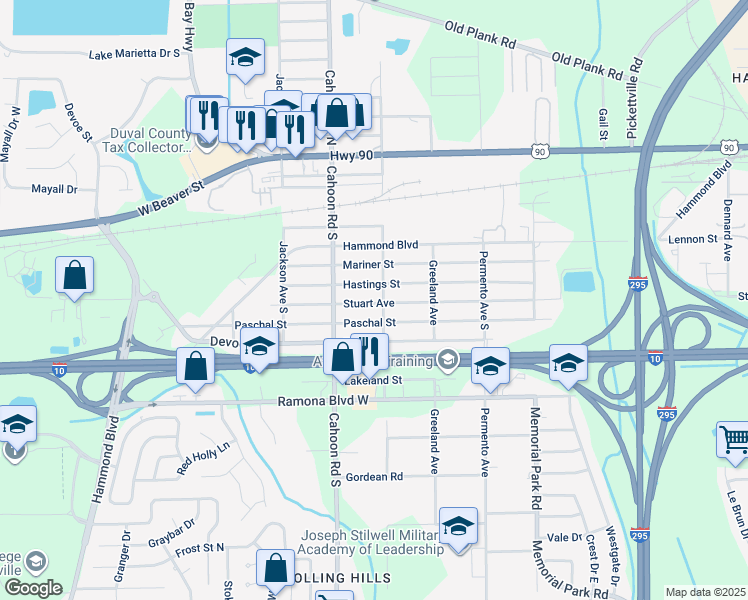 map of restaurants, bars, coffee shops, grocery stores, and more near 8013 Stuart Avenue in Jacksonville