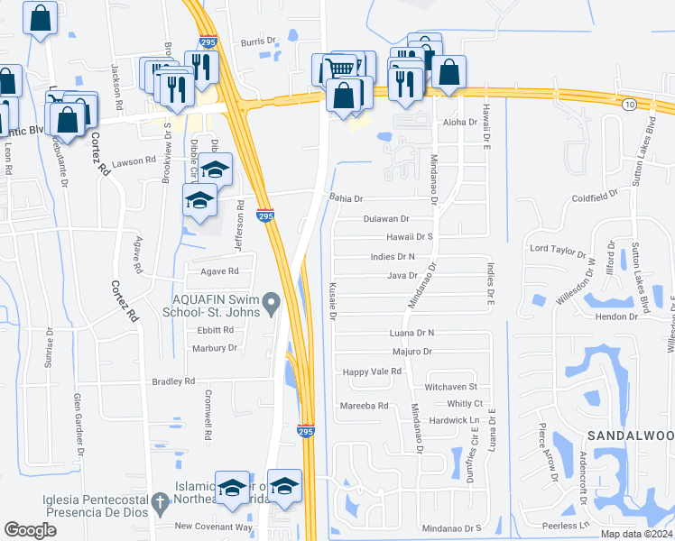 map of restaurants, bars, coffee shops, grocery stores, and more near 9315 Java Drive in Jacksonville
