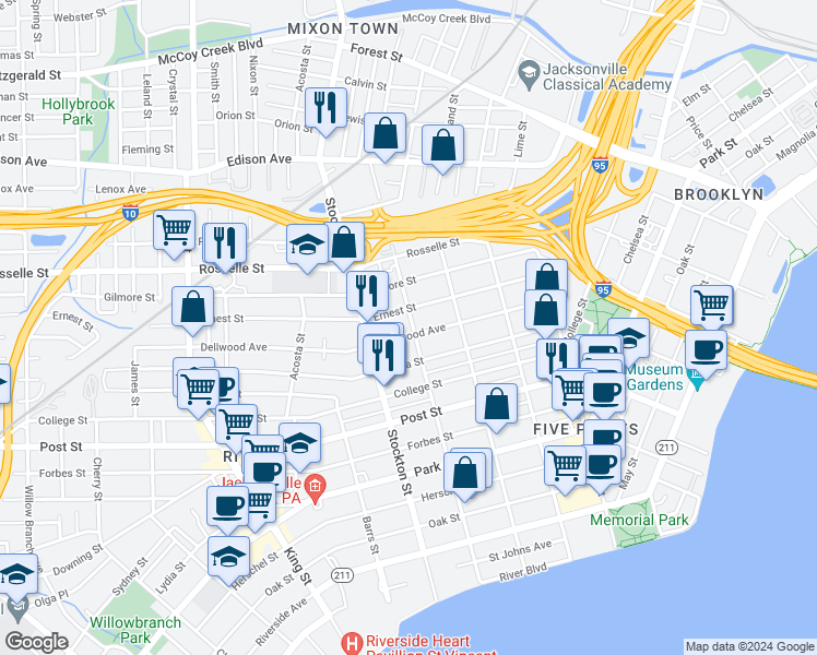 map of restaurants, bars, coffee shops, grocery stores, and more near 2303 Ernest Street in Jacksonville