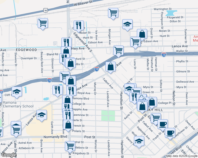 map of restaurants, bars, coffee shops, grocery stores, and more near 480 Edgewood Avenue South in Jacksonville