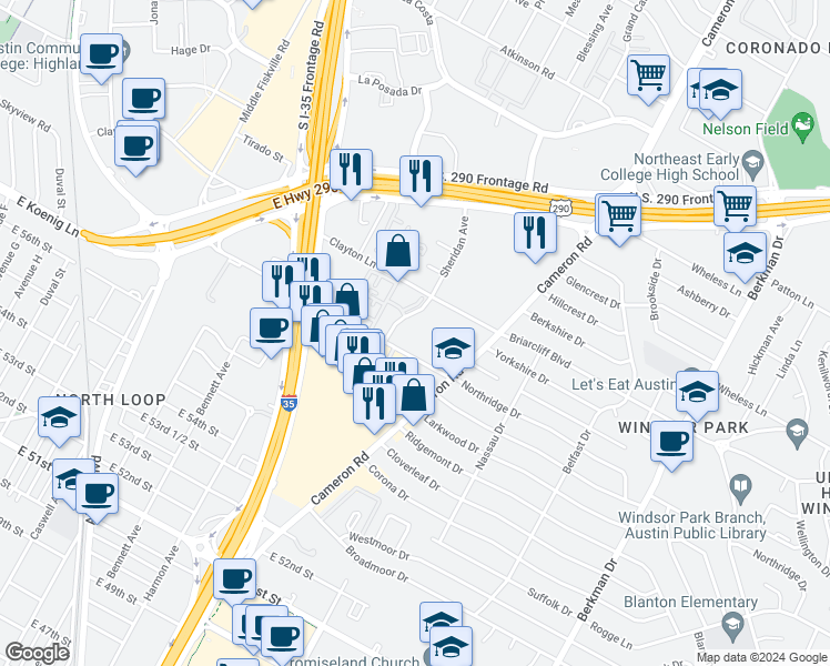 map of restaurants, bars, coffee shops, grocery stores, and more near 1101 Clayton Lane in Austin