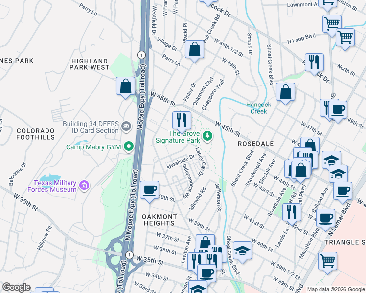 map of restaurants, bars, coffee shops, grocery stores, and more near 2609 Perseverance Drive in Austin