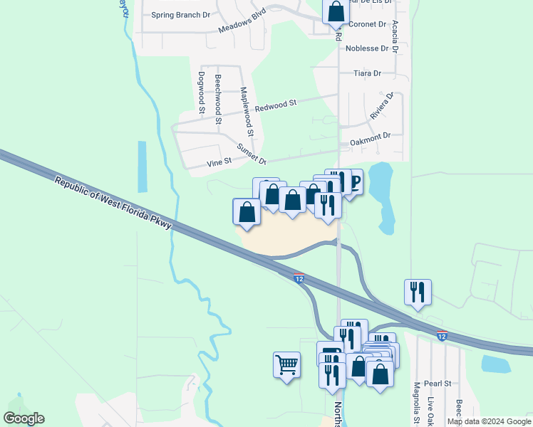 map of restaurants, bars, coffee shops, grocery stores, and more near 61121 Airport Road in Slidell