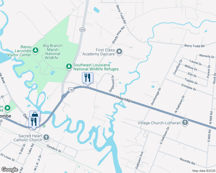 map of restaurants, bars, coffee shops, grocery stores, and more near 61060 Dogwood Drive in Lacombe