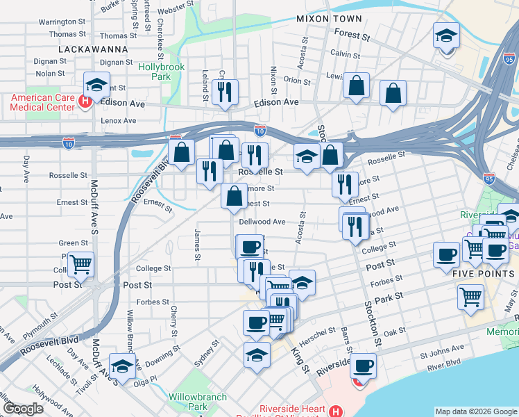 map of restaurants, bars, coffee shops, grocery stores, and more near 2654 Gilmore Street in Jacksonville
