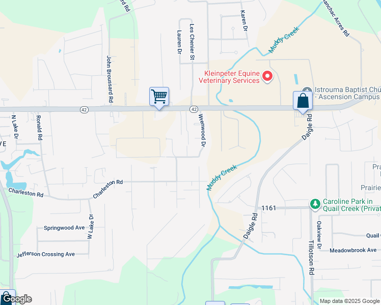 map of restaurants, bars, coffee shops, grocery stores, and more near 38562 Cardinal Court in Prairieville