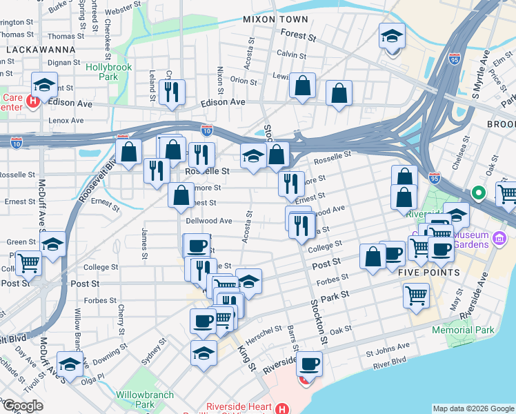 map of restaurants, bars, coffee shops, grocery stores, and more near 2534 Gilmore Street in Jacksonville