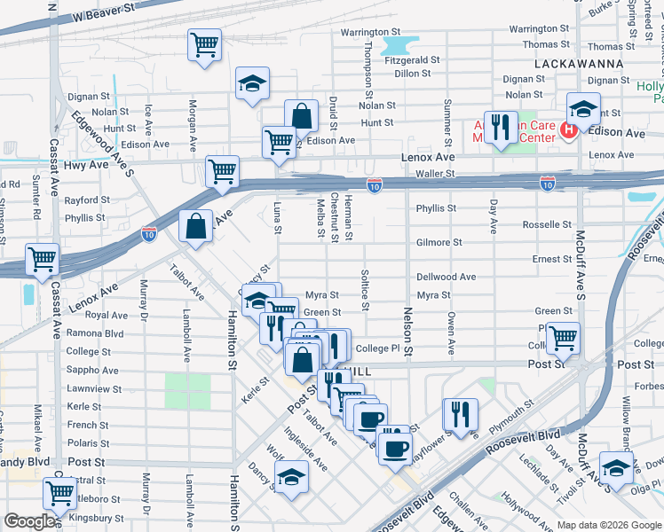 map of restaurants, bars, coffee shops, grocery stores, and more near 3640 Gilmore Street in Jacksonville