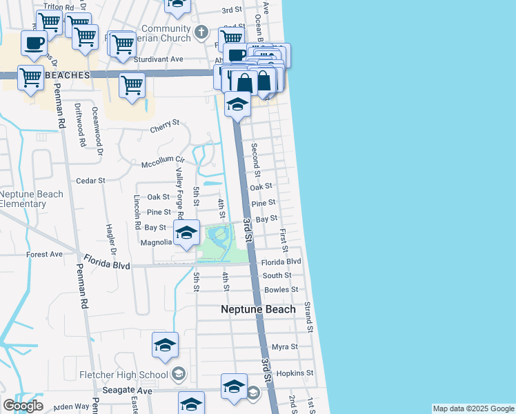 map of restaurants, bars, coffee shops, grocery stores, and more near 815 Second Street in Neptune Beach