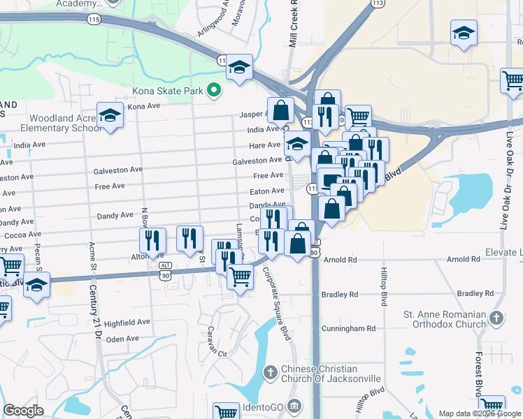 map of restaurants, bars, coffee shops, grocery stores, and more near 8936 Eaton Avenue in Jacksonville