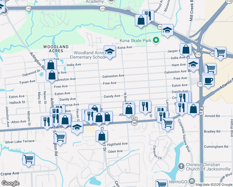 map of restaurants, bars, coffee shops, grocery stores, and more near 8319 Eaton Avenue in Jacksonville