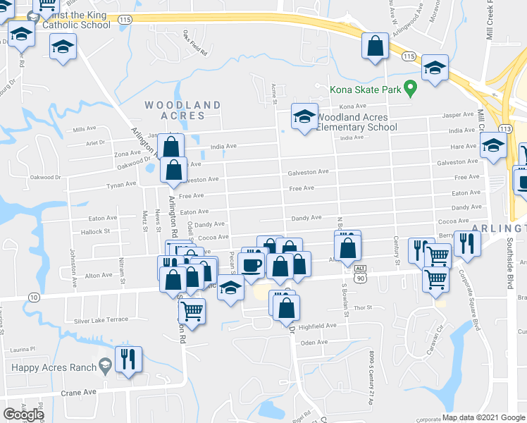 map of restaurants, bars, coffee shops, grocery stores, and more near 7923 Eaton Avenue in Jacksonville