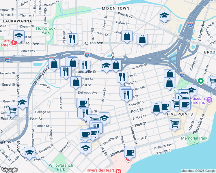 map of restaurants, bars, coffee shops, grocery stores, and more near 2534 Gilmore Street in Jacksonville