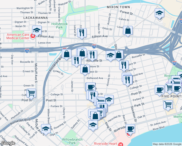 map of restaurants, bars, coffee shops, grocery stores, and more near 715 Ralph Street in Jacksonville