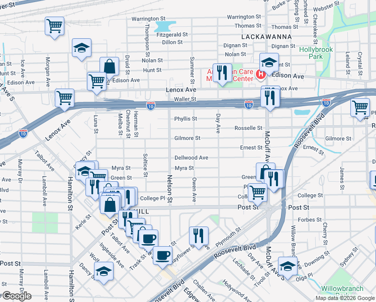 map of restaurants, bars, coffee shops, grocery stores, and more near 3322 Gilmore Street in Jacksonville