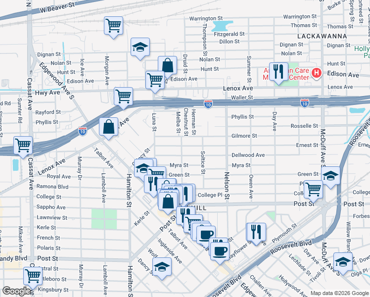 map of restaurants, bars, coffee shops, grocery stores, and more near 3640 Gilmore Street in Jacksonville