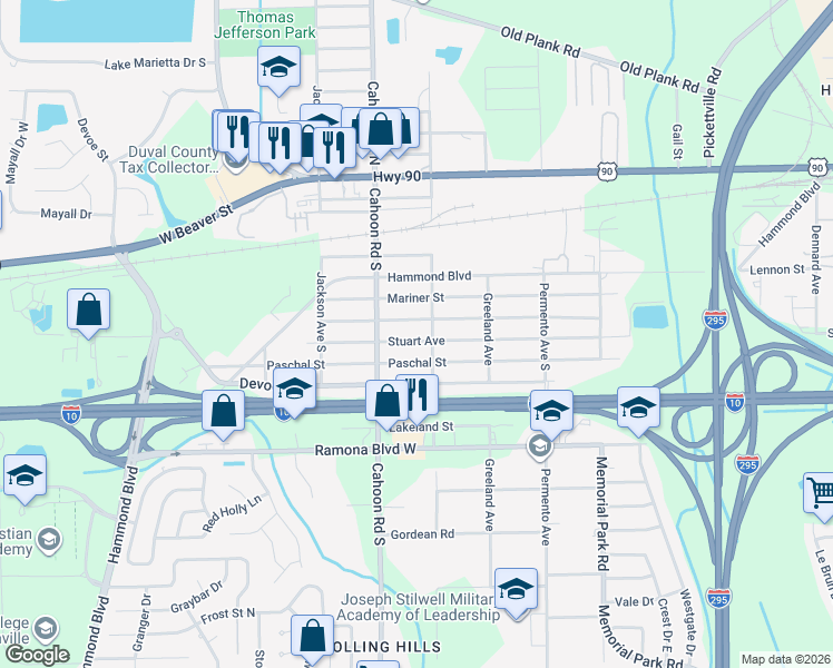 map of restaurants, bars, coffee shops, grocery stores, and more near 8007 Hastings Street in Jacksonville