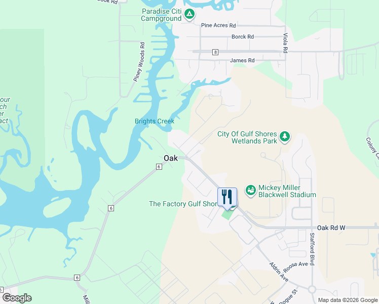 map of restaurants, bars, coffee shops, grocery stores, and more near 6411 George St in Gulf Shores