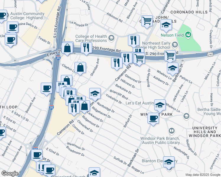 map of restaurants, bars, coffee shops, grocery stores, and more near 6006 Cameron Road in Austin