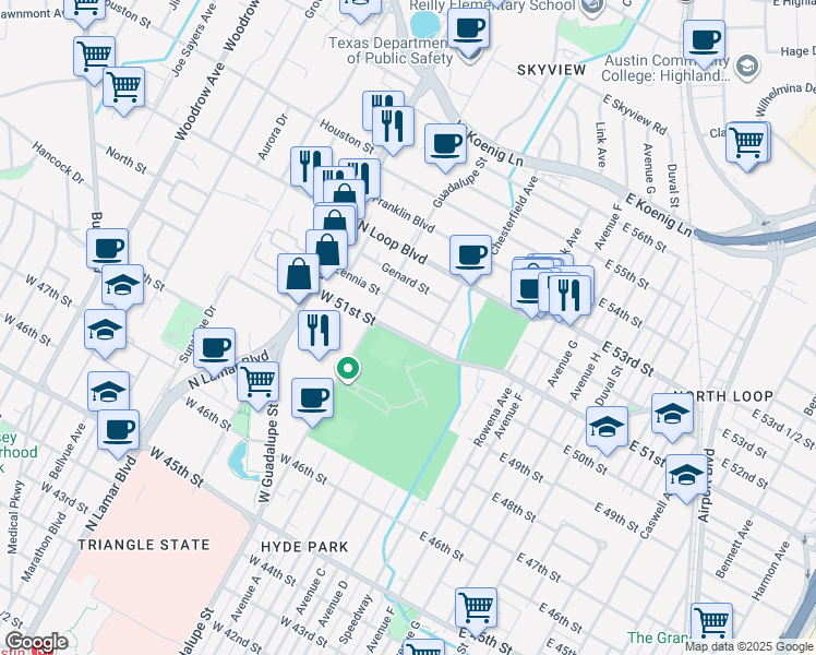 map of restaurants, bars, coffee shops, grocery stores, and more near 402 Zennia Street in Austin