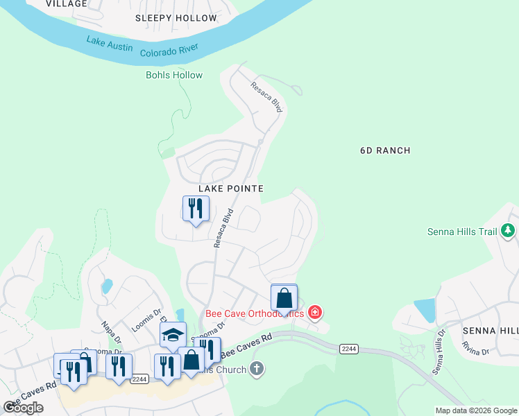 map of restaurants, bars, coffee shops, grocery stores, and more near 2013 1/2 Resaca Boulevard in Austin