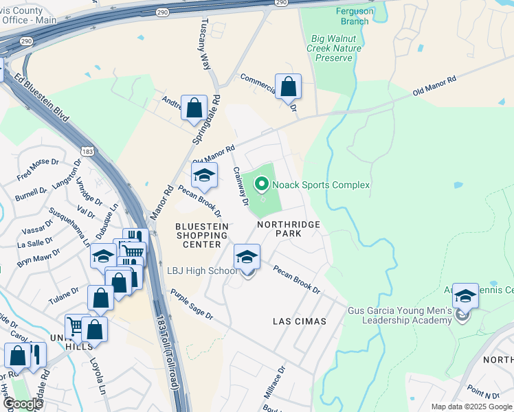 map of restaurants, bars, coffee shops, grocery stores, and more near 5300 Crainway Drive in Austin