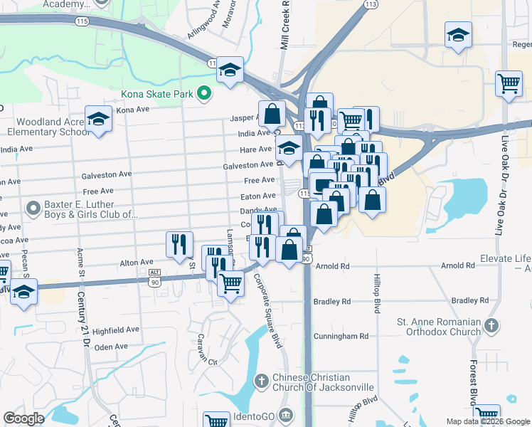 map of restaurants, bars, coffee shops, grocery stores, and more near 9112 Eaton Avenue in Jacksonville