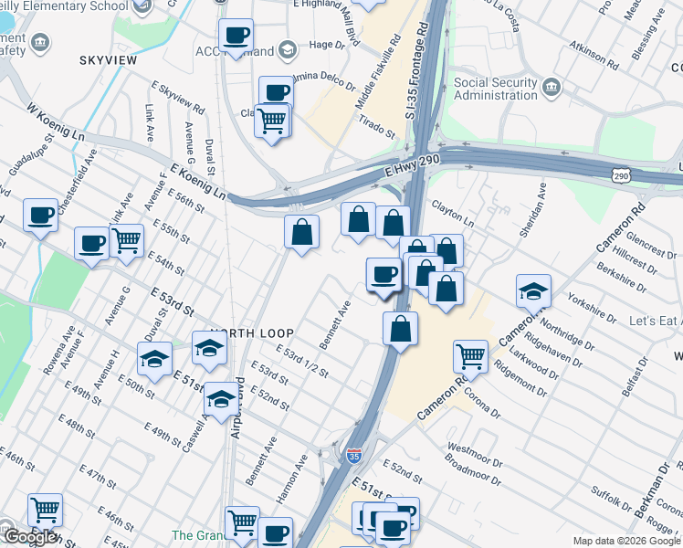 map of restaurants, bars, coffee shops, grocery stores, and more near 925 Reinli Street in Austin