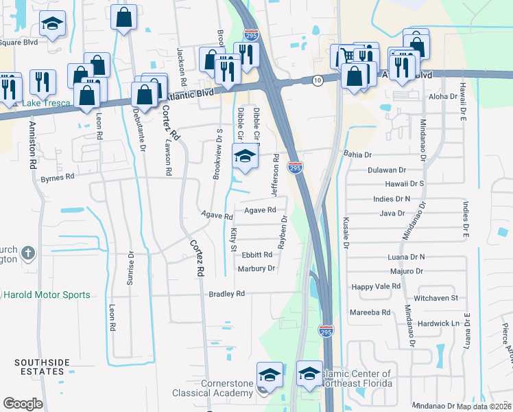 map of restaurants, bars, coffee shops, grocery stores, and more near 10439 Agave Road in Jacksonville