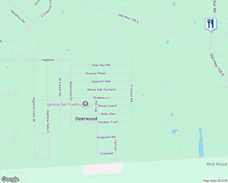 map of restaurants, bars, coffee shops, grocery stores, and more near 17565 White Oak Orchard in Conroe