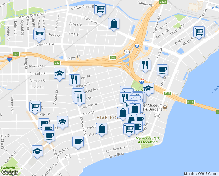 map of restaurants, bars, coffee shops, grocery stores, and more near 2108 Dellwood Avenue in Jacksonville