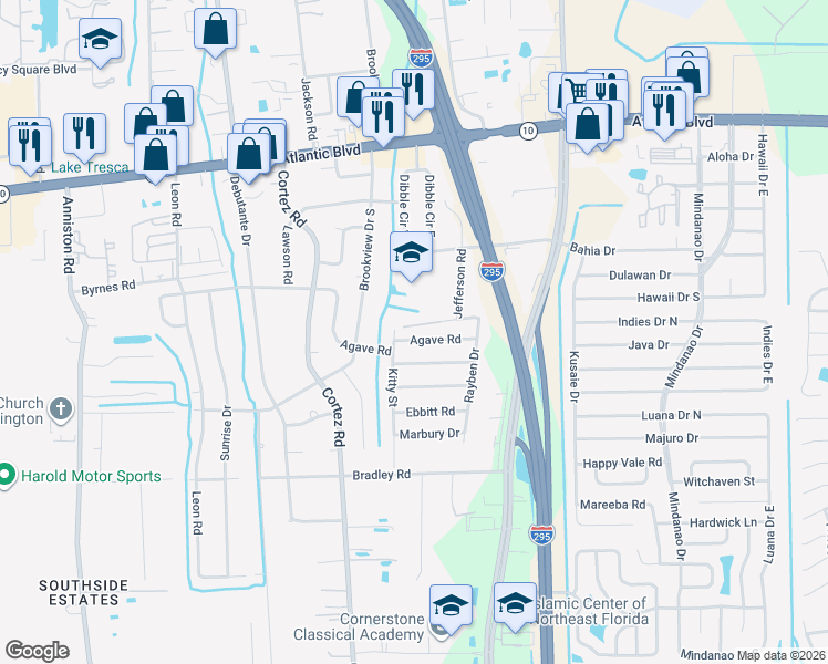 map of restaurants, bars, coffee shops, grocery stores, and more near 1905 Kitty Street in Jacksonville
