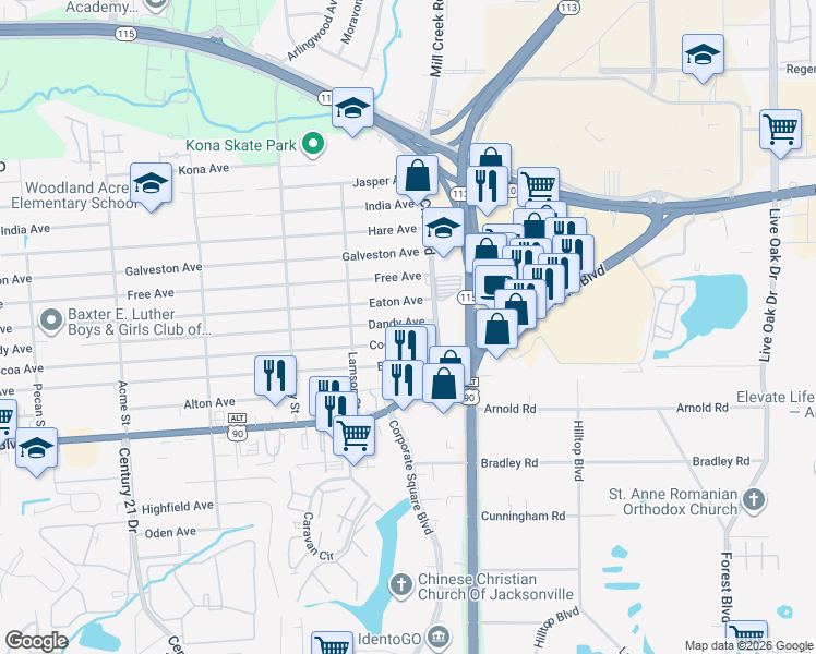 map of restaurants, bars, coffee shops, grocery stores, and more near 9112 Eaton Avenue in Jacksonville