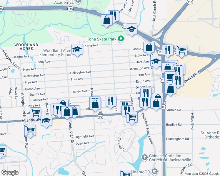 map of restaurants, bars, coffee shops, grocery stores, and more near 8602 Eaton Avenue in Jacksonville