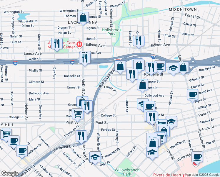 map of restaurants, bars, coffee shops, grocery stores, and more near 2855 Ernest Street in Jacksonville