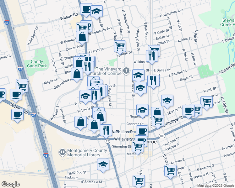 map of restaurants, bars, coffee shops, grocery stores, and more near 414 West Austin Street in Conroe
