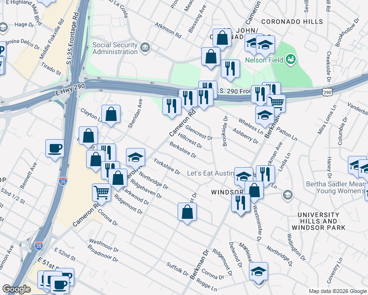 map of restaurants, bars, coffee shops, grocery stores, and more near 1404 Hillcrest Drive in Austin