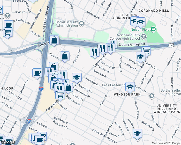 map of restaurants, bars, coffee shops, grocery stores, and more near 6006 Cameron Road in Austin