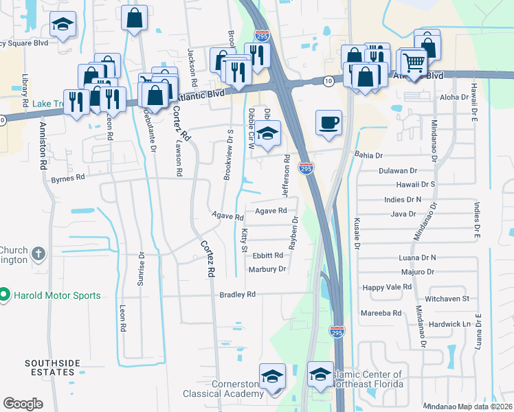 map of restaurants, bars, coffee shops, grocery stores, and more near 1905 Kitty Street in Jacksonville