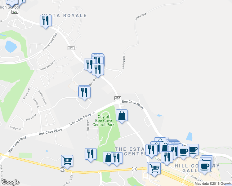 map of restaurants, bars, coffee shops, grocery stores, and more near 3546 Ranch Road 620 South in Austin